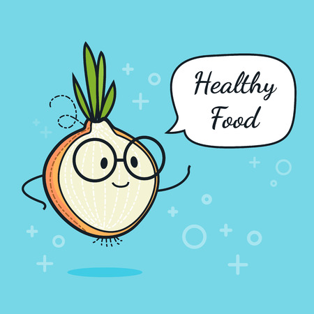 Onion with speech bubble. Balloon sticker. Cool vegetable. Vector illustration. Onion clever nerd character. Healthy food concept. Smart vegan diet posterのイラスト素材