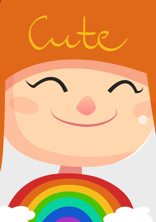 Cute lettering illustration. Banner, background, flyer, placard, in cartoon style with cute rainbow girl. Poster, Vector card for greeting, decoration, congratulation. Close-up portraitのイラスト素材