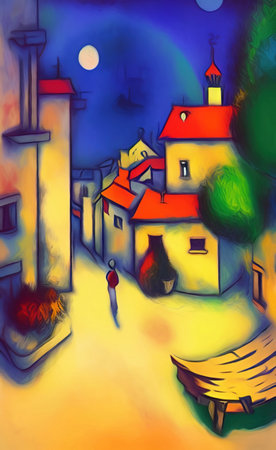 Digital illustration of colorful vintage village at night, rural landmark. Naive contemporary art. Wall decoration artwork. Old houses. Oil and pastel painting digital imitation. Hの写真素材