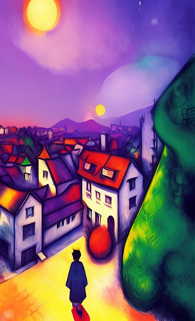 Digital illustration of colorful vintage village at night, rural landmark. Naive contemporary art. Wall decoration artwork. Old houses. Oil and pastel painting digital imitation. Hの写真素材