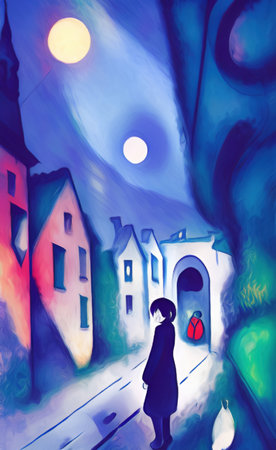 Digital illustration of colorful vintage village at night, rural landmark. Naive contemporary art. Wall decoration artwork. Old houses. Oil and pastel painting digital imitation. Hの写真素材