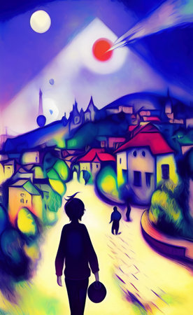 Digital illustration of colorful vintage village at night, rural landmark. Naive contemporary art. Wall decoration artwork. Old houses. Oil and pastel painting digital imitation. Hの写真素材