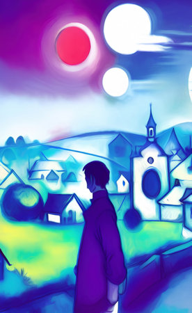 Digital illustration of colorful vintage village at night, rural landmark. Naive contemporary art. Wall decoration artwork. Old houses. Oil and pastel painting digital imitation. Hの写真素材