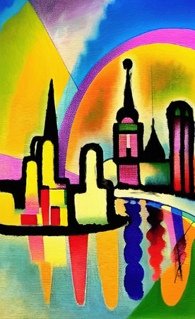 Historical center of Moskow city, Russia. Old architecture, red square. Cubism style digital artwork, modern artの写真素材