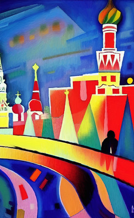 Historical center of Moskow city, Russia. Old architecture, red square. Cubism style digital artwork, modern artの写真素材