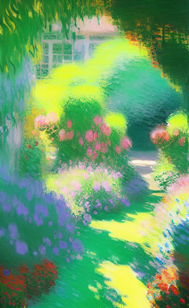 Rural landscape, field of flowers, lavender provence view. Village nature. Digital art illustration.の写真素材