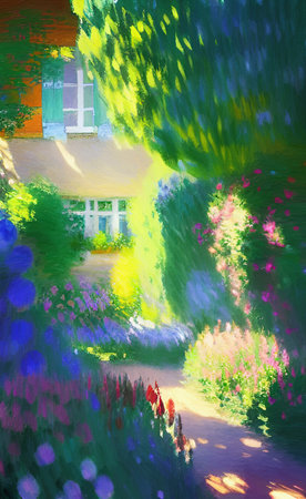 Rural landscape, field of flowers, lavender provence view. Village nature. Digital art illustration.の写真素材