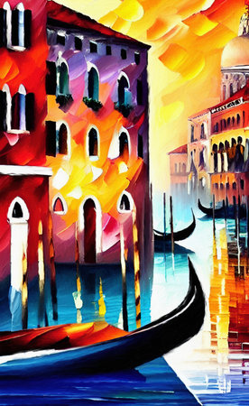 Digital painting Venice canals and houses, colorful palette knife oil painting graphic imitation, canvas print or poster templateの写真素材