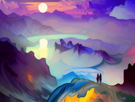 Full moon and mountains mystic landscape, digital painting art. Design wall art decoration print for canvas or poster. Stylish night mountains nature abstract background.の写真素材