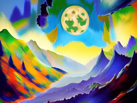 Full moon and mountains mystic landscape, digital painting art. Design wall art decoration print for canvas or poster. Stylish night mountains nature abstract background.の写真素材
