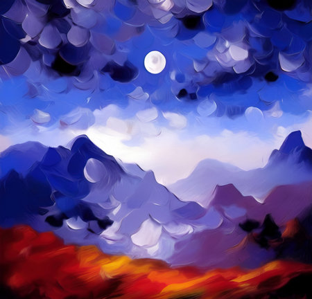Full moon and mountains mystic landscape, digital painting art. Design wall art decoration print for canvas or poster. Stylish night mountains nature abstract background.の写真素材