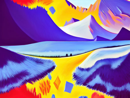 Full moon and mountains mystic landscape, digital painting art. Design wall art decoration print for canvas or poster. Stylish night mountains nature abstract background.の写真素材