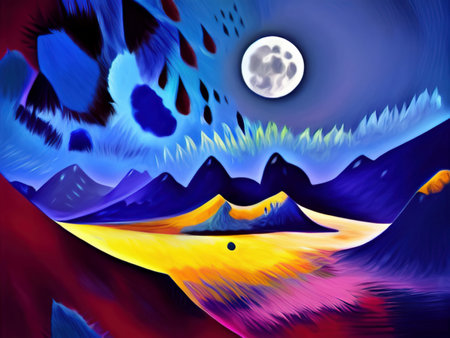 Full moon and mountains mystic landscape, digital painting art. Design wall art decoration print for canvas or poster. Stylish night mountains nature abstract background.の写真素材