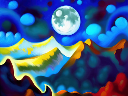 Full moon and mountains mystic landscape, digital painting art. Design wall art decoration print for canvas or poster. Stylish night mountains nature abstract background.の写真素材