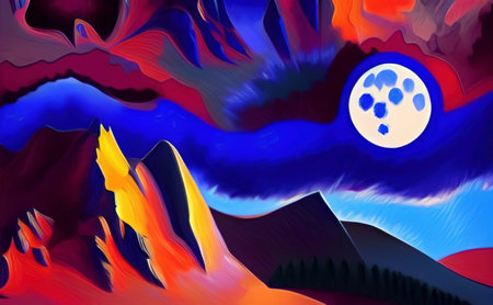 Full moon and mountains mystic landscape, digital painting art. Design wall art decoration print for canvas or poster. Stylish night mountains nature abstract background.の写真素材