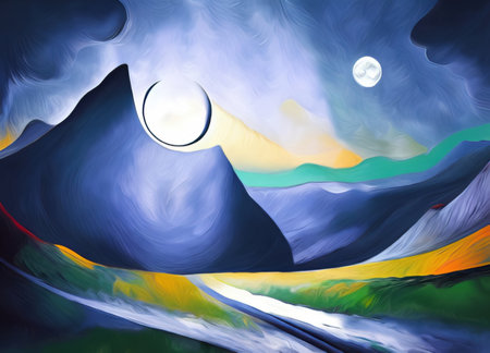 Full moon and mountains mystic landscape, digital painting art. Design wall art decoration print for canvas or poster. Stylish night mountains nature abstract background.の写真素材