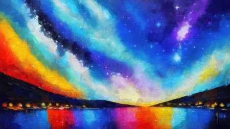 Abstract watercolor painting of a night sky with stars and clouds.の写真素材