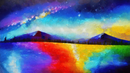 Sunset over the mountains and lake. Digital painting on canvas.の写真素材