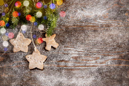 Christmas background.Wooden background. Lights.の写真素材