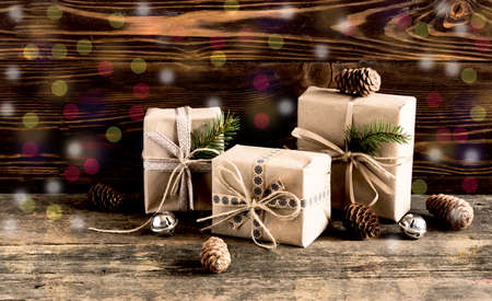 Gifts on wooden backgroundの写真素材
