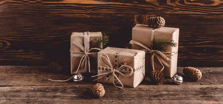 Gifts on wooden backgroundの写真素材