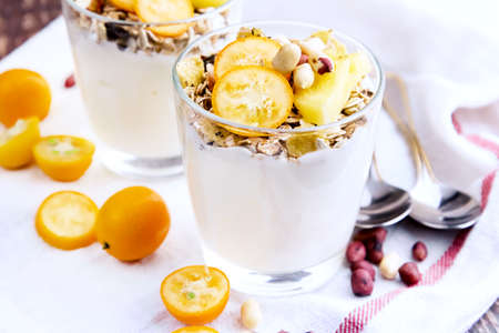 Two glasses of Yogurt with pineapple citrus and muesliの写真素材