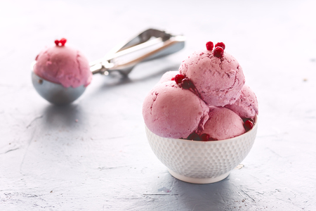 Tasty Berries Ice Cream in White Bowl Ice Cream Scoop Waffle Cone Summer Dessert Horizontalの写真素材