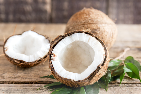 Coconuts Old Wooden Background Copy Space Horizontalの写真素材