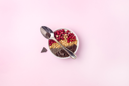 Healthy breakfast Bowl Smoothie with Granola Red Currant Chia Seed Dark Vegan Chocolate Diet Healthy Food Top Viewの写真素材