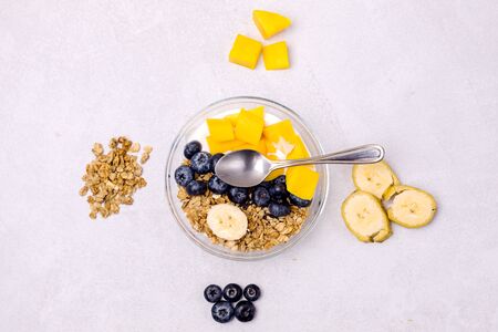 Bowls of Mueslie with Yogurt and Berry Mango Healthy Breakfast Diet Food Top View Flat Layの写真素材