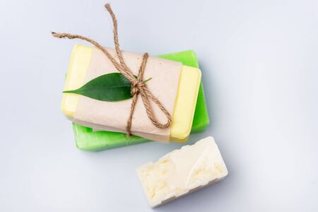 Handmade Spa Soap Organic Soa Various Soap Bars Spa Treatments Top View Horizontal Spa Concept Blue Backgroundの写真素材