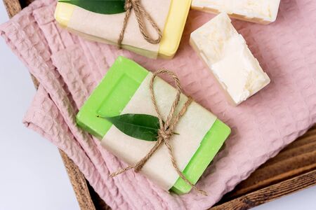 Handmade Spa Soap Organic Soa Various Soap Bars Spa Treatments Top View Horizontal Spa Concept Blue Backgroundの写真素材