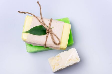 Handmade Spa Soap Organic Soa Various Soap Bars Spa Treatments Top View Horizontal Spa Concept Blue Backgroundの写真素材