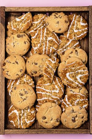 Variety of Tasty Homemade Cookies Wooden Tray of Pastry Cookies Dessert Verticalの写真素材