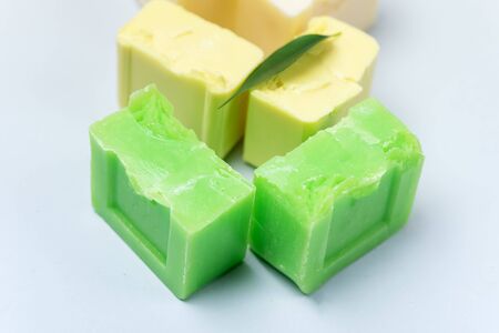 Handmade Spa Soap Organic Soa Various Soap Bars Spa Treatments Top View Horizontal Spa Concept Blue Backgroundの写真素材