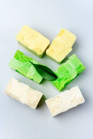 Handmade Spa Soap Organic Soa Various Soap Bars Spa Treatments Top View Horizontal Spa Concept Blue Backgroundの写真素材