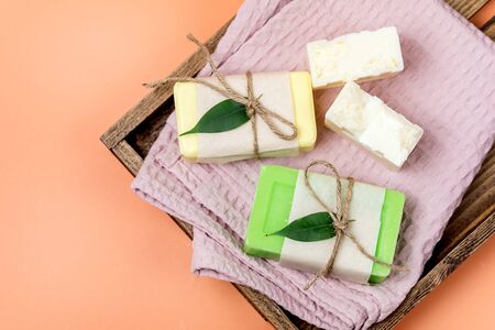 Handmade Spa Soap Organic Soap Various Soap Bars Spa Treatments Top View Horizontal Spa Concept Orange Backgroundの写真素材