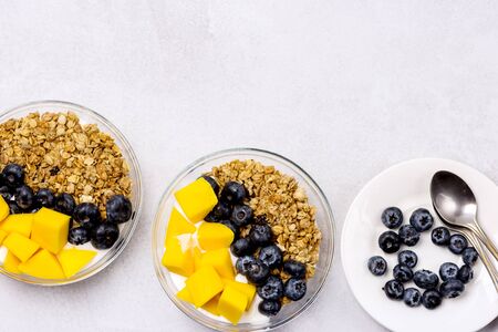 Bowls of Muesl and Yogurt with Berry and Mango Healthy Breakfast Diet Food Horizontalの写真素材