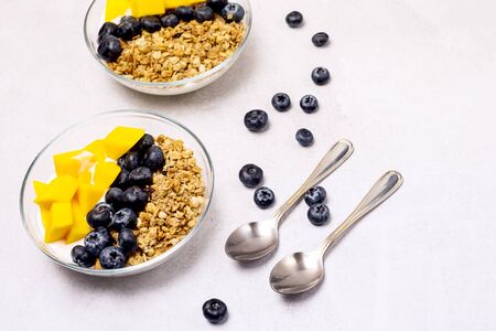Bowls of Muesl and Yogurt with Berry and Mango Healthy Breakfast Diet Food Horizontalの写真素材