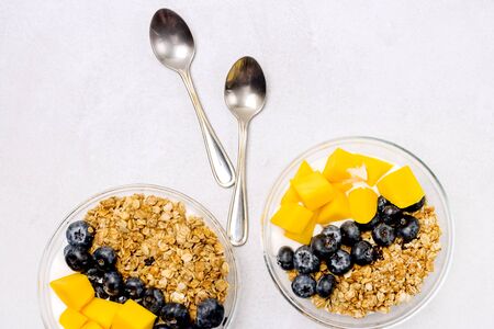 Bowls of Muesl and Yogurt with Berry and Mango Healthy Breakfast Diet Foodの写真素材