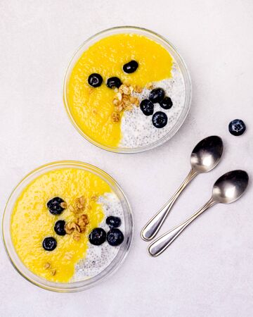 Glass Bowls of Chia Coconut Pudding with Mango Berry and Banana Healthy Vegan Dessert Top Viewの写真素材