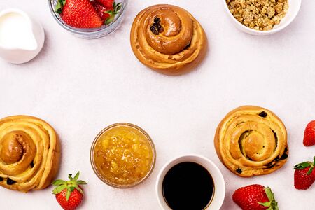 Background with Romantic Creative Breakfast Freshly Baked Buns Black Coffee Cream Raw Strawberry Tasty Food Concept Top Viewの写真素材