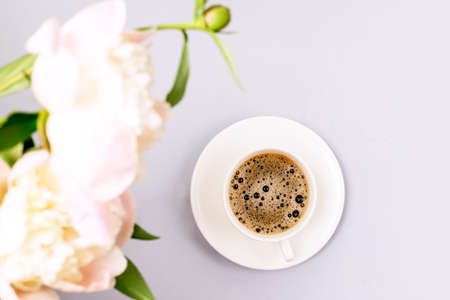Still life with Cup of Coffee and Peonies Flowers Breakfast Morning Horizontal Copy Spaceの写真素材