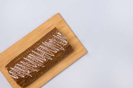 Chocolate Cake Roll Chocolate Dessert on Wooden Tray Top View Copy Space Horizontalの写真素材