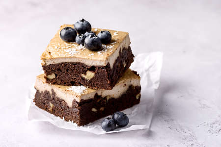 Pieces of Homemade Chocolate Brownies Decorated with Ripe Blueberry on Gray Background Tasty Chocolate Dessert Copy Spaceの写真素材