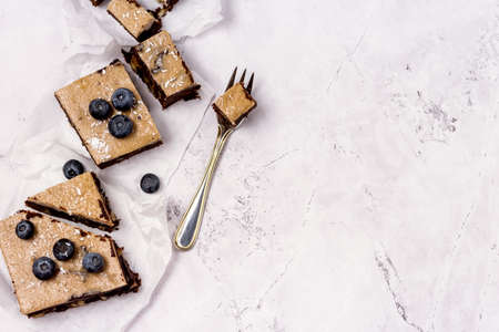 Pieces of Homemade Chocolate Brownies Decorated with Ripe Blueberry on Gray Background Tasty Chocolate Dessert Copy Spaceの写真素材