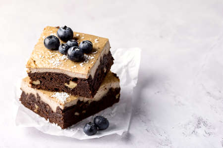 Pieces of Homemade Chocolate Brownies Decorated with Ripe Blueberry on Gray Background Tasty Chocolate Dessert Horizontalの写真素材