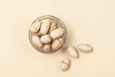 Pecan Nuts in Glass Bowl Tasty Nuts Top View Horizontal