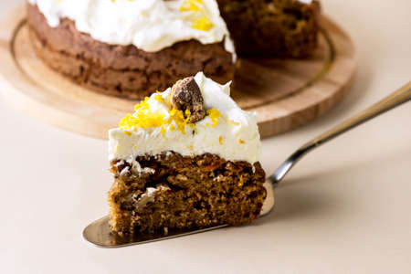 Slices of Spicy Carrot Cake with Walnuts and Orange Tasty Homemade Cake Dessrt Hoizontalの写真素材
