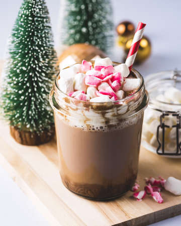 Glass Jar of Tasty Hot Cocoa or Chocolate Decorated with Marshmallow and Crumbled Candy Cane Christmas Beverage Blue Background Verticalの写真素材